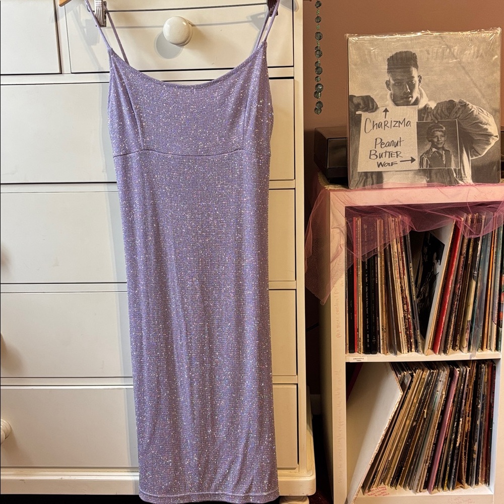 Vintage 90s y2k Glitter Sparkle Dress Pastel Purple Midi Slip Party Cocktail